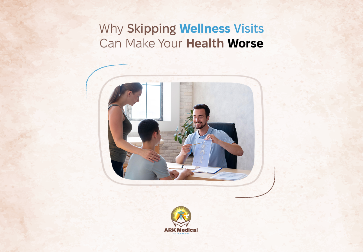 Why Skipping Wellness Visits Can Make Your Health Worse Wellness visits are similar to routine medical appointments to ensure that your body and mind are doing well. These visits are not just for when you're sick, they help keep you from getting sick. At Ark Medical of Las Vegas, we see each Wellness visit as a chance to support your health goals. We're dedicated to helping you reach those goals when you visit us. Sometimes, people skip them because they feel fine or are too busy, which can lead to serious health problems later. Let's discuss why wellness visits matter and how they help your health. What Is a Wellness Visit? A wellness visit is a routine check-up with your doctor. You go to stay healthy, not because you're sick. At Ark Medical of Las Vegas, we see these visits as vital for your overall physical and mental well-being. During the visit, the doctor may: • Check your weight, height, and blood pressure • Ask about your diet and exercise • Review your medical history • Provide vaccines and preventive care • Discuss your mental health • Conduct simple tests like bloodwork At Ark Medical, we offer screenings, physical exams, and advice tailored to your age and lifestyle. Why Do People Skip Wellness Visits? People skip check-ups for many reasons: • I feel fine. • I'm too busy. • I can't afford it. • I'm scared of what the doctor might find. These thoughts are common but risky. At Ark Medical of Las Vegas, we've seen how silent issues like high blood pressure, diabetes, or even early cancer can hide without symptoms. A wellness visit gives you a chance to catch these early. Early Check-ups Prevent Bigger Problems Think of your body like a car. Even if it's running fine, you take it for oil changes and check-ups to keep it in good shape. Your body needs the same care. Skipping visits can mean: • A small cavity becomes a painful infection • High blood sugar turns into diabetes • A tiny lump grows into a hard-to-treat cancer • Stress builds up and causes long-term mental health issues At Ark Medical, our provider, Cecilio Gonzales, FNP-C, PMHNP-BC, brings years of experience in early diagnosis and long-term care, offering a complete picture of your health, from mental to physical well-being. Wellness visits also help with building good habits. Your doctor can: • Support healthy changes like better eating or quitting smoking • Track your progress over time • Keep you motivated to stay on track Missing one visit can lead to more problems. At Ark Medical of Las Vegas, we guide and support you to achieve your health goals. Mental Health Can Suffer Too Mental health is a key part of your total well-being. Wellness visits often include discussions about stress, anxiety, depression, and emotional challenges. Skipping these visits: • Stops early support for mental health problems • It can lead to worsening anxiety or depression • It may cause you to miss essential referrals for counseling or medication At Ark Medical, we provide mental and behavioral health services, including diagnosis and treatment for: • Mood and anxiety disorders • ADHD and autism-related behavioral issues • Substance use concerns • Psychotic disorders You can trust our board-certified Psychiatric-Mental Health Nurse Practitioner, Cecilio Gonzales, PMHNP-BC, to offer care with compassion and professionalism. Kids and Teens Need Wellness Visits Too Many parents only take their kids to the doctor when they're sick. But children need regular check-ups even if they seem fine. Why? Because kids grow fast. Their bodies and brains are changing all the time. Wellness visits help: • Track growth and development • Check vision and hearing • Update vaccines • Talk about school, feelings, and friendships • Catch learning or behavior problems early Ark Medical offers pediatric outpatient care to ensure your child's health is always on track. For Seniors: Wellness Is Prevention As we age, our health needs change. Skipping visits can result in: • Missed signs of cognitive decline • Poor medication management • Undetected heart conditions • Increased fall risks At Ark Medical of Las Vegas, our team helps seniors manage complex care safely through in-clinic, home health, assisted living, and nursing home services. We monitor medications, provide screenings, and offer supportive care every step of the way. How Skipping Visits Hurts Community Health Your condition not only affects you; it sends waves through the lives of others around you, too. Avoiding wellness visits increases the risk of: • Spreading infectious diseases • Missing vaccines or boosters • Contributing to antibiotic resistance Ark Medical educates patients and promotes healthy practices to protect our entire community. Your check-up is not just for you, it's a commitment to public health. Women's Health and Skipped Preventive Care Women usually require special checks in the cases of wellness visits: • Breast exams • Pap smears • Bone density testing • Reproductive health counseling Missing visits can cause late cancer detection, hormone issues, and fertility problems. Prevention is applicable at all ages. Men's Health: Often Neglected, Always Important Men statistically avoid healthcare more than women. Skipping wellness visits can delay: • Prevent heart disease • Monitor testosterone levels • Catch prostate or colon issues early • Support healthy habits Take charge of your health today. Book your appointment at Ark Medical of Las Vegas for screenings, counseling, and personalized care designed to help men live stronger, healthier lives. How Often Should You Go? Wellness visit frequency depends on your age and health needs. For kids, one visit a year is recommended. Adults aged 18 to 39 should have a check-up every 1 to 2 years. After 40, it's good to have yearly check-ups. Your doctor might recommend a different plan based on your health. Seniors should aim for at least one visit per year. At Ark Medical, we help you customize your care. We focus on your health details and establish a plan that serves your interests. Final Thought Skipping your wellness visit may seem fine, but it can have serious effects. You might skip over warning indicators, face diagnostic delays, and risk your well-being. Taking care of your health today can help prevent bigger problems. Ark Medical of Las Vegas offers family practice outpatient services to support your long-term well-being. Our wellness visits focus on prevention and early detection for a healthier lifestyle. Contact us or check us out on Google Maps for feedback, and navigation. FAQs Q: Can I do a wellness visit via telehealth? Yes, depending on your needs. Ark Medical offers virtual check-ups for your convenience. Q: What should I bring to a wellness visit? Bring medications, questions, and family medical history.